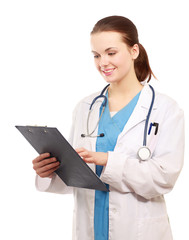 A female doctor with a folder , isolated on white background