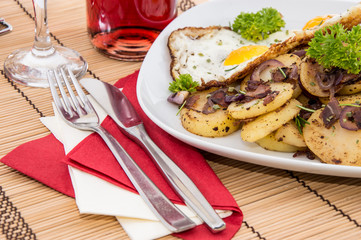 Fired Potatoes on wooden style tablecloth