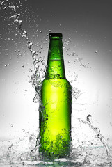Beer bottle with water splash