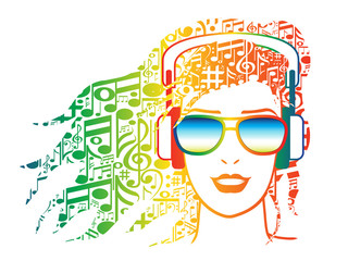 woman with headphones with musical notes for hair