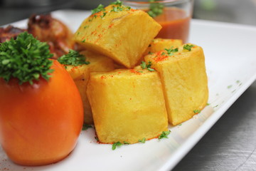 fried potatoes, a large square