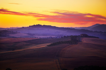 Landscape in Tuscany at sunset in summer