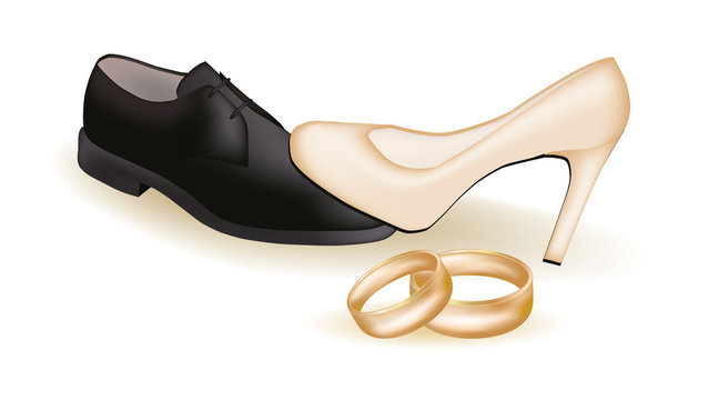 Wedding shoes and golden rings, vector illustration