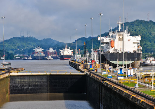 Ship Passes Through The Panama Channel Locks