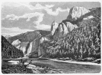 vintage drawing of a mountain pass in Carpathian Mountains