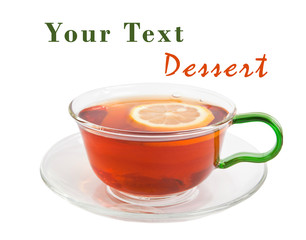 Glass cup of tea with lemon on a white background