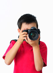 Boy in Red T-Shirt Taking Photo with a Camera