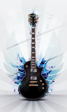 illustration of guitar with wings and colorful grungy splash