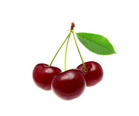 cherries with leaf isolated on white