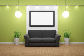 Bilderrahmen mit schwarzem Sofa und grüner Wand