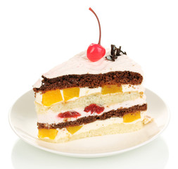 Layered fruit cake isolated on white