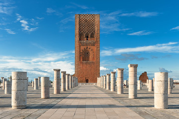 Tour Hassan tower square in Rabat Morocco - obrazy, fototapety, plakaty