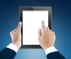 hand of business man holding and touching on touch pad