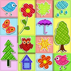Patchwork with birds and birdhouses. Baby seamless background