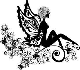 Cercles muraux Femme fleurs Silhouette illustration vectorielle de fée sur fleur