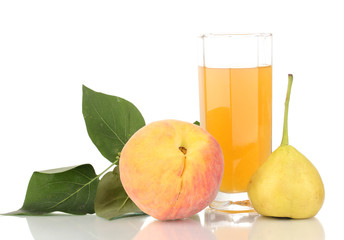 Juice with pear and peach isolated on white