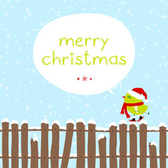 Green Bird Skiing On Fence "Merry Christmas" Speech Bubble Blue