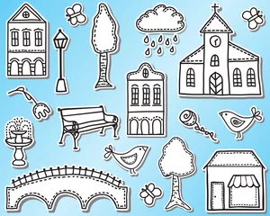 Peel and stick wall murals Doodle Town or city design elements