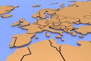 Three-dimensional map of Europe on blue isolated background.
