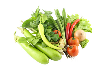 Green and red vegetables direct view on white background.