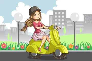 Fotobehang Motorfiets Meisje rijdt scooter