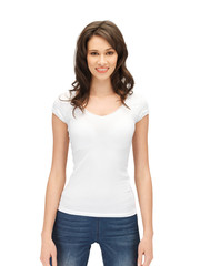 smiling teenage girl in blank white t-shirt