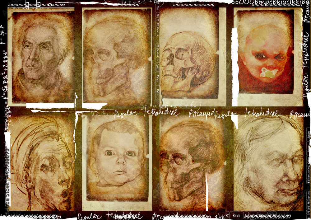 Poster human body - heads, eight drawings, vintage processing