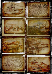 boats and ships, eight pictures, drawing - vintage processing