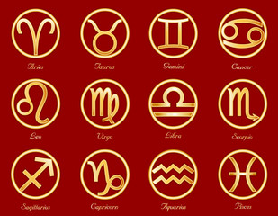 Astrology Sun Signs, golden Zodiac symbols with labels