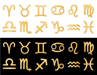 Gold Horoscope Symbols, sun signs of the Zodiac, black and white