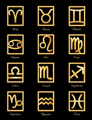 Sun Signs of the Zodiac, 12 gold horoscope symbols