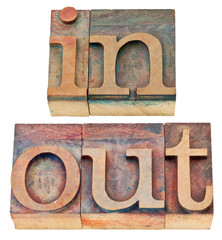 in and out word in wood type