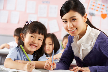 Teacher Helping Student Working At Desk In Chinese Classroom