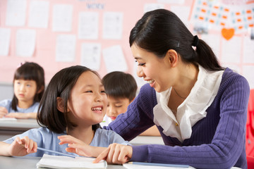 Teacher Helping Student Working At Desk In Chinese School