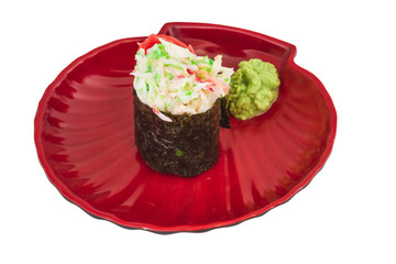 sushi kani with sauced slices of crab shrimp isolated on white b
