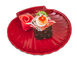 sushi kani with sauced slices of crab shrimp isolated on white b
