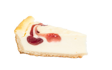 Closeup of a slice of cherry cheesecake on a white background