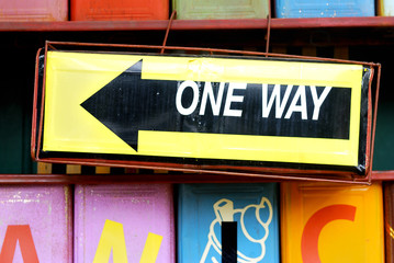 colorful of one way road sign - retro one way arrow
