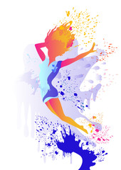 Jumping girl silhouette with colored splats