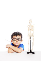 Nerd student with human skeleton