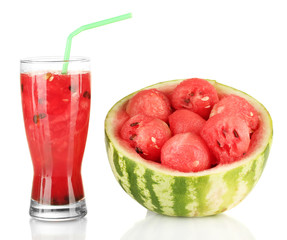 A glass of fresh watermelon juice and half watermelon isolated