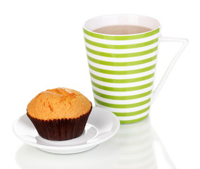 Fresh muffin with tea isolated on white