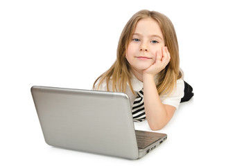 Naklejka premium Cute girl with laptop on white