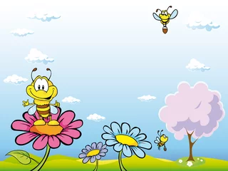 Fototapeten Bienenkarikatur, die auf Blume sitzt © hanaschwarz