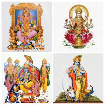 set of antique tiles with images of hindu gods: ( Gansha, Lakshm