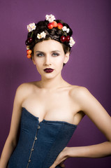 Fototapeta premium Beauty portrait woman with cherries in hair