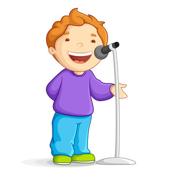 vector illustration of school boy singing in mike
