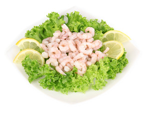 Delicious marinated shrimp in plate isolated on white