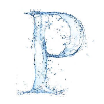 Water splashes letter "P" isolated on white background