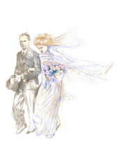 hand-drawn picture wedding day, bride and groom